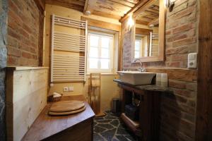 ein Bad mit einem Waschbecken und einem WC in der Unterkunft Ferienhaus Anno Dazumal, wie zu Opa`s Zeiten in Klingenthal