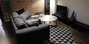 salon z kanapą i choinką świąteczną w obiekcie Willow Old Town Apartment w Gdańsku