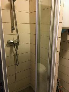 La salle de bains est pourvue d'une douche avec une porte en verre. dans l'établissement Gate House Lodge, à Dinan