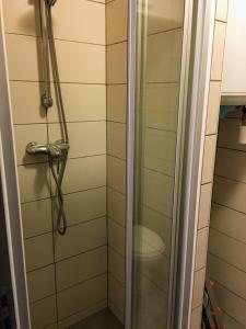 una ducha con puerta de cristal en un baño en Gate House Lodge, en Dinan
