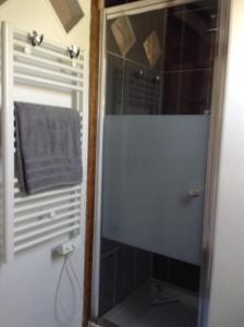 a bathroom with a mirror and a towel at The Grange in Saint-Ouen-de-la-Rouërie