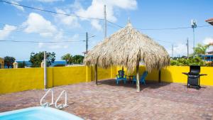 eine Strohhütte mit Stühlen und einem Pool in der Unterkunft Finisterre Curaçao in Sabana Westpunt