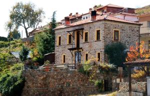 a large stone house on a hill with trees at Vitsi Lodge in Sidhirokhórion