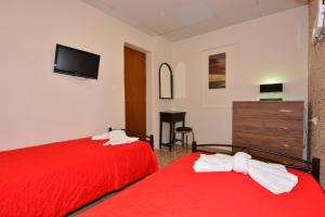 a bedroom with two beds with red sheets and a tv at Farm Villas in Mikro Metochi