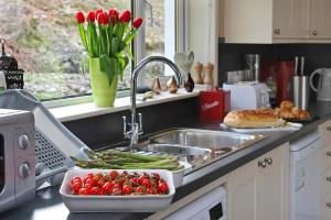a kitchen counter with a sink with tomatoes and asparagus at Glenachulish Bay with Hot Tub in Glencoe