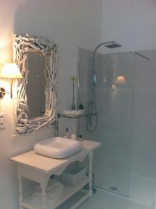 a bathroom with a sink and a shower with a mirror at Au Paradis Cathare in Fraissé-des-Corbières