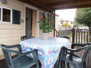 una mesa con una maceta en un porche en Campeggio Smeraldo en Dormelletto