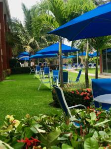 een groep stoelen en blauwe parasols op een gazon bij Hotel Jaragua in Veracruz
