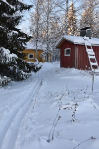 un cobertizo rojo con una escalera en la nieve en Old wooden house 20 min from Koli, en Tuopanjoki