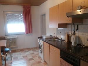 a kitchen with a sink and a washing machine at Pension Ehringshausen in Ehringshausen