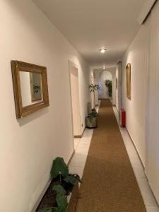 a hallway with plants and a mirror on the wall at Hostal Cervantes in Valdemoro
