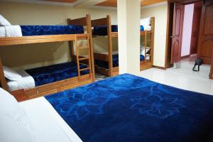 a room with bunk beds and a blue carpet at Community Hostel Alausi in Alausí