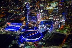 an aerial view of a city at night at Olyver Hotel in Los Angeles