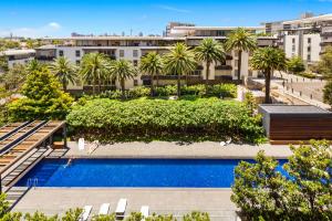 an overhead view of a pool with palm trees and buildings at Stylish 1 bdrm Camperdown - Car park, Gym & Pool in Sydney