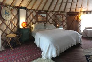 Kenepuru Head的住宿－Ngahere Hou Glamping，蒙古包内一间卧室,配有一张床