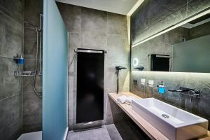 La salle de bains est pourvue d'un lavabo, d'une douche et d'un miroir. dans l'établissement Posthotel Donaustauf, à Donaustauf