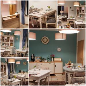 eine Collage mit Fotos von einer Küche und einem Esszimmer in der Unterkunft Hotel Societät in Emmerich