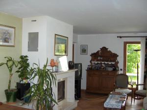 een woonkamer met een open haard en een televisie bij Gîte des Gorges du Bruyant in Saint-Nizier-du-Moucherotte