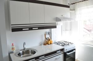 a white kitchen with a sink and a stove at Alexys Residence 6 in Iaşi