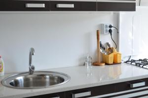 eine Küchentheke mit einer Spüle und einem Herd in der Unterkunft Alexys Residence 8 in Iaşi + 31 Fotos