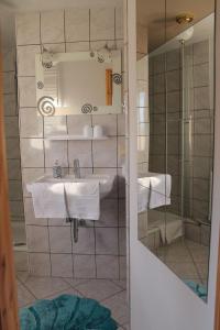 bagno con lavandino, doccia e asciugamani di Googeswill-Wohnung-2 a Tinnum