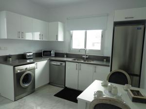 a kitchen with a sink and a washing machine at Plage Residences in Paphos