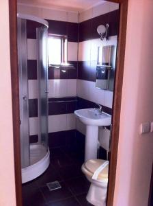 une salle de bain avec une douche, des toilettes et un lavabo dans l'établissement Omega Mamaia Nord, à Mamaia Nord – Năvodari