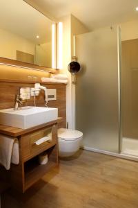 W łazience znajduje się umywalka, toaleta i lustro. w obiekcie Hotel Königshof am Funkturm w Hanowerze