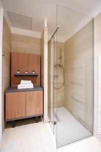 a bathroom with a shower and a glass shower stall at City Centre Chic Apartment Ljubljana 2/4 in Ljubljana