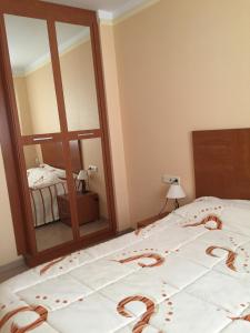 een slaapkamer met een bed en een grote spiegel bij Apartment Costa Formentera in Formentera de Segura
