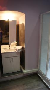 a bathroom with a sink and a shower with a mirror at Auberge du cheval blanc in Ajaccio