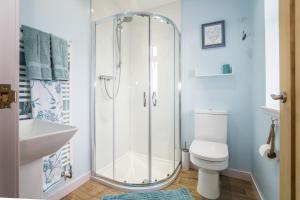 a bathroom with a shower and a toilet and a sink at An Cois Na Mara Bed & Breakfast in Laide