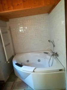 eine weiße Badewanne im Bad mit einer Kachelwand in der Unterkunft Agriturismo B&B Chèvres à Cheval in Aosta