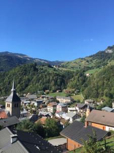 a view of a town with mountains in the background at Hôtel du Grand-Mont in Beaufort