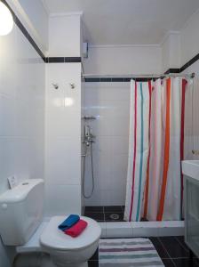 ein Bad mit einem Duschvorhang und einem WC in der Unterkunft ULTIMATE LOCATION CENTRAL ATHENS in Athen