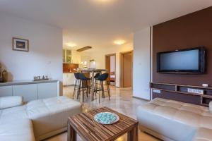 a living room with white furniture and a flat screen tv at Apartment Solinar in Soline