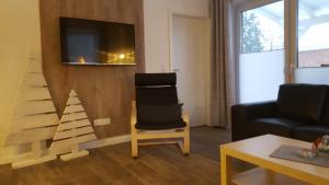 a living room with a christmas tree and a chair at Emsdüne in Oberlangen
