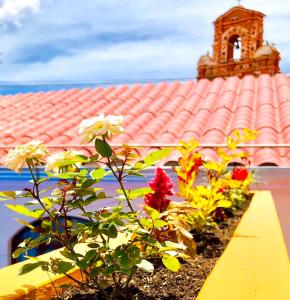 波托西的住宿－聖特雷酒店，一座建筑,前面有粉红色的屋顶,上面有鲜花