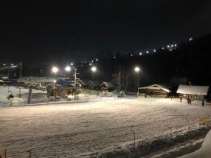 un aparcamiento cubierto de nieve por la noche con luces en Willa Malinka Wisła, en Wisła