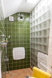 a green tiled bathroom with a shower at Neanderland-Apartment in Wülfrath