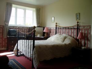 a bedroom with a bed and a television and a window at Westcourt Farm in Shorwell
