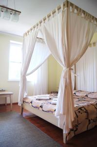Guest House Vasara في نيدا: غرفة نوم مع سرير المظلة مع الستائر