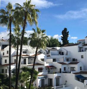 biały budynek z palmami przed nim w obiekcie Capistrano Playa 307 w mieście Nerja