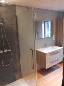 a bathroom with a shower and a sink at Chalet Tjaffers lodge in Durbuy