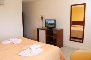 a room with two beds and a tv and a mirror at Brisas del Lago Apart y Hotel in Federación