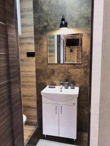 ein Badezimmer mit einem weißen Waschbecken und einem Spiegel in der Unterkunft Apart18 in Lwiw