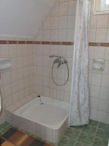 a bath tub with a shower in a bathroom at House Sophie in Vonyarcvashegy