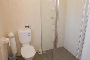 a bathroom with a toilet and a shower at Gardners Inn Hotel in Blackheath