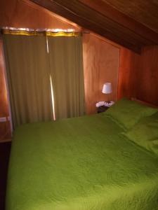 Un dormitorio con una cama verde y una lámpara en Cabaña Centrica, en Coyhaique