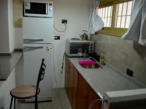 eine Küche mit einem weißen Kühlschrank und einer Mikrowelle in der Unterkunft Vía Lavalle Suites in San Luis